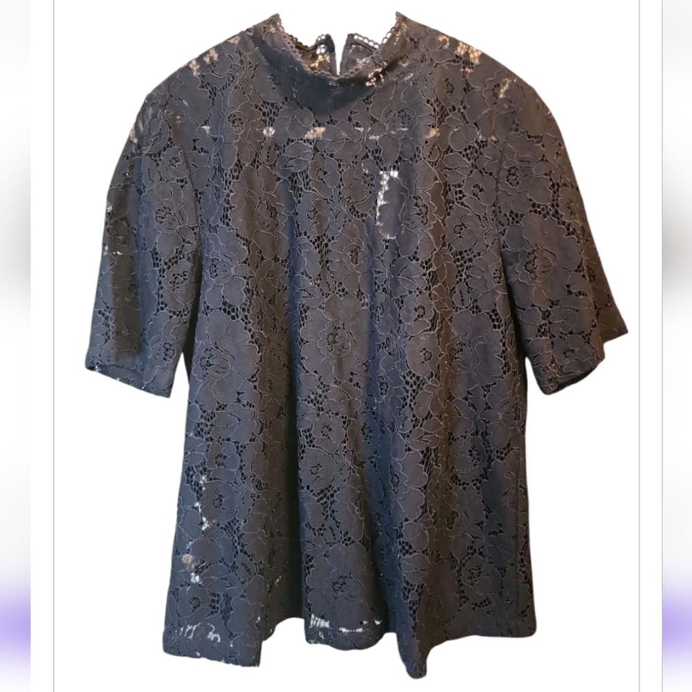 LOFT Short Sleeve Floral Lace Top Women Sz Med Blouse Navy Blue Coastal Prep NWT